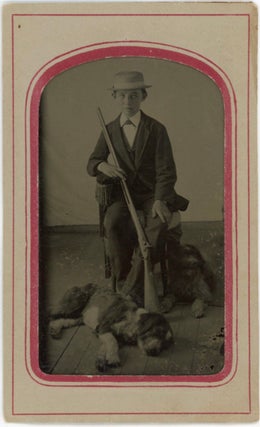 Item #1064 BOY HUNTER with RIFLE and TWO DOGS TINTYPE PHOTO