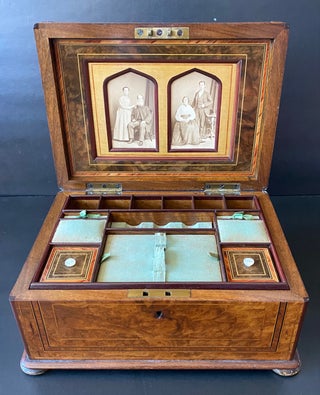 Item #1105 BURLWOOD SEWING BOX with TWO CDV PHOTOGRAPHS c. 1870s
