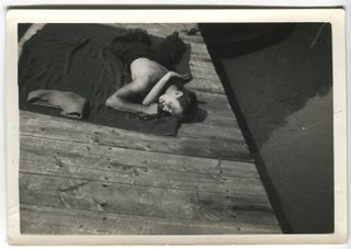 Item #115 SHIRTLESS MAN SUNBATHER BITES HIS THUMB ON THE DOCK VINTAGE SNAPSHOT PHOTO