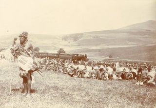 Item #1574 ZULU CEREMONIAL GATHERING WITH TRAIN IN BACKGROUND, NATAL, SOUTH AFRICA — ca....