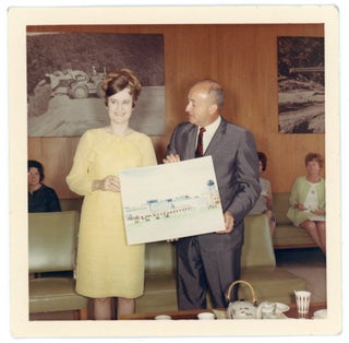 Item #25 WOMAN & MAN HOLD ARCHITECTURAL DRAWING 1960s COLOR SNAPSHOT PHOTO
