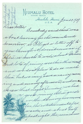 1939 HANDWRITTEN LETTERS FROM NIUMALU HOTEL, HAWAII - LOCAL DESCRIPTIONS