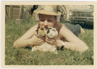 Item #82 WOMAN HOLDS TWO GUINEA PIGS VINTAGE COLOR SNAPSHOT PHOTO