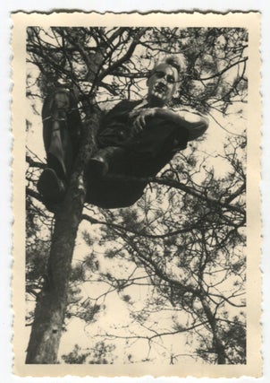 Item #85 YOUNG FANCY MAN PERCHED IN A TREE VINTAGE SNAPSHOT PHOTO
