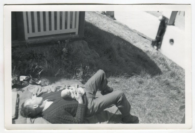 Item #92 MAN AND HIS BABY DOLL NAP ON THE LAWN VINTAGE SNAPSHOT PHOTO