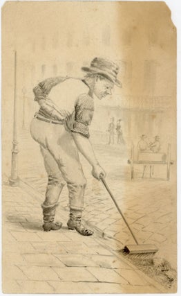 Item #943 NEW ORLEANS MAN CLEANS SIDEWALK - c. 1870s DRAWING SKETCHED FROM LIFE